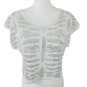 Almost Famous Cropped Sleeveless Sweater Knit Gold Rhinestone Studded Sz Med